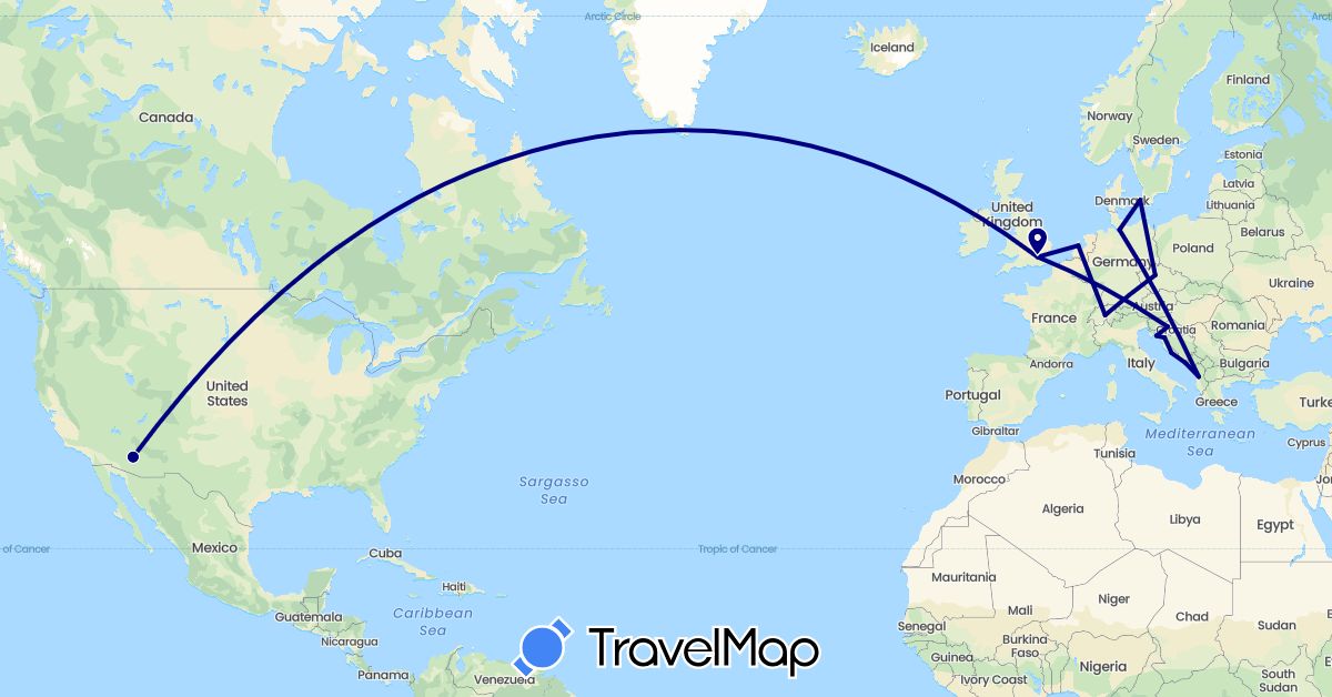 TravelMap itinerary: driving in Albania, Switzerland, Czech Republic, Germany, Denmark, United Kingdom, Croatia, Netherlands, United States (Europe, North America)